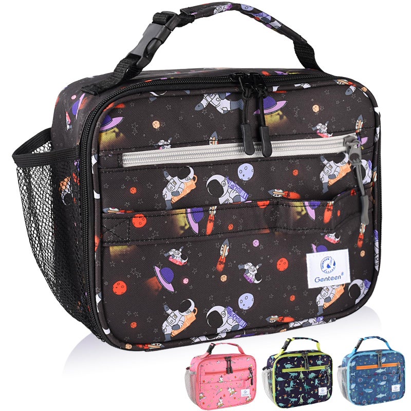 Genteen Insulated Lunch Bag with Shoulder Strap  Kids Prints Lunch Bag Double Zipper & Side Pocket Kids Lunch Bag Sturdy Soft Bag & Cooler Bag Back to School for Girls  Boys - Astronaut - Image 1